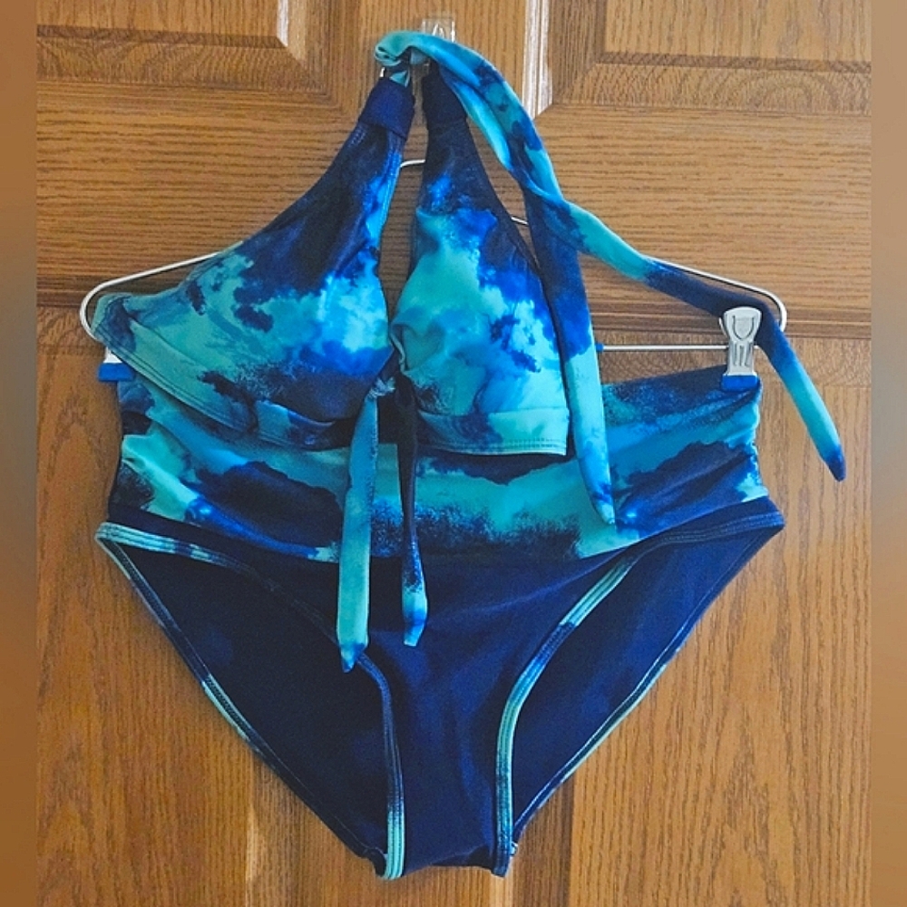 Aqua and Blue Two-Piece Bikini • Mid-Rise Bottoms • Tie Top • Size Small •